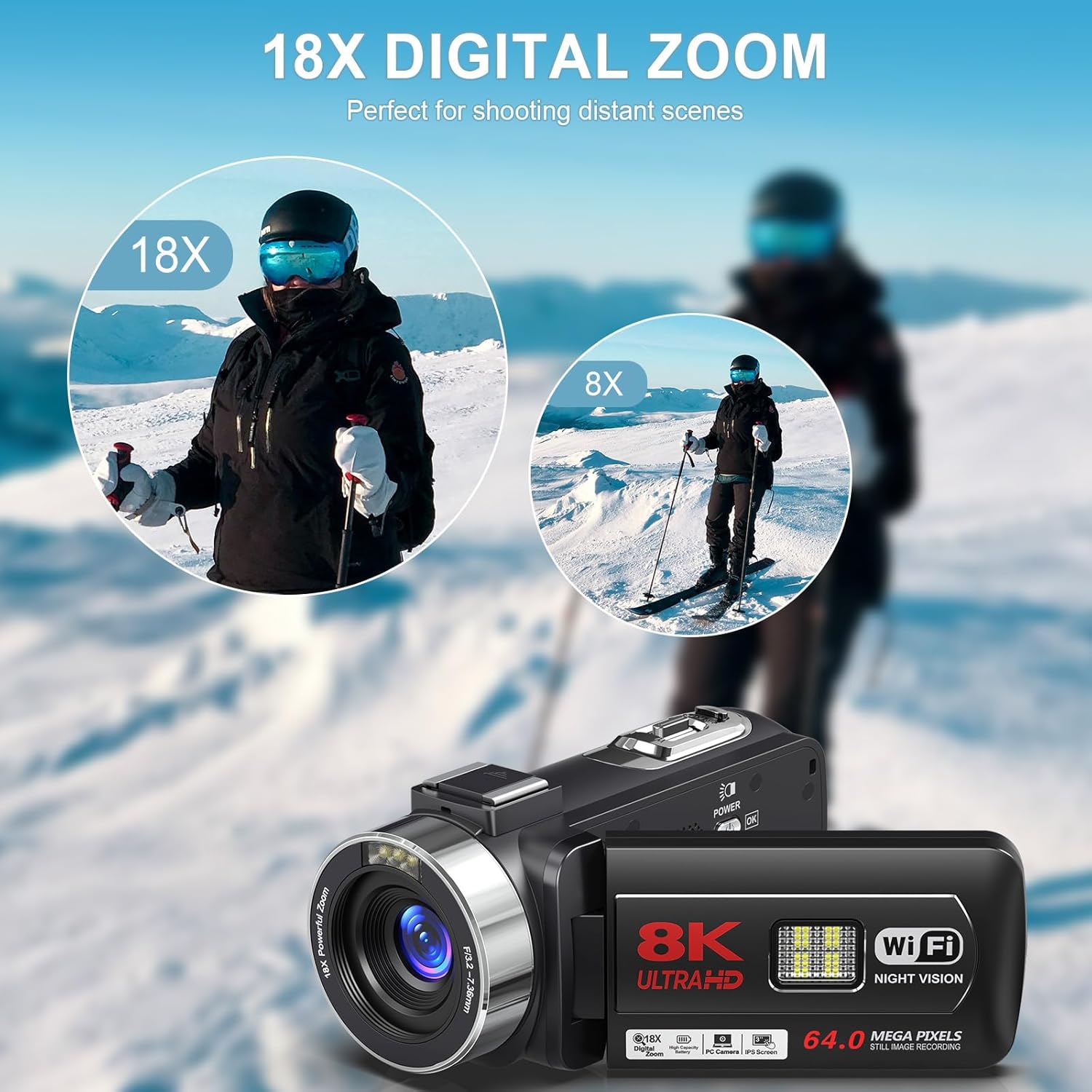 8K 64MP Camcorder Video Camera 18X Digital Zoom YouTube Vlogging Camera Webcam IR Night Vision WiFi 3.0”Touch Screen Camcorders with Microphone, 32G SD Card, Remote Control and 2 Batteries - Image 3