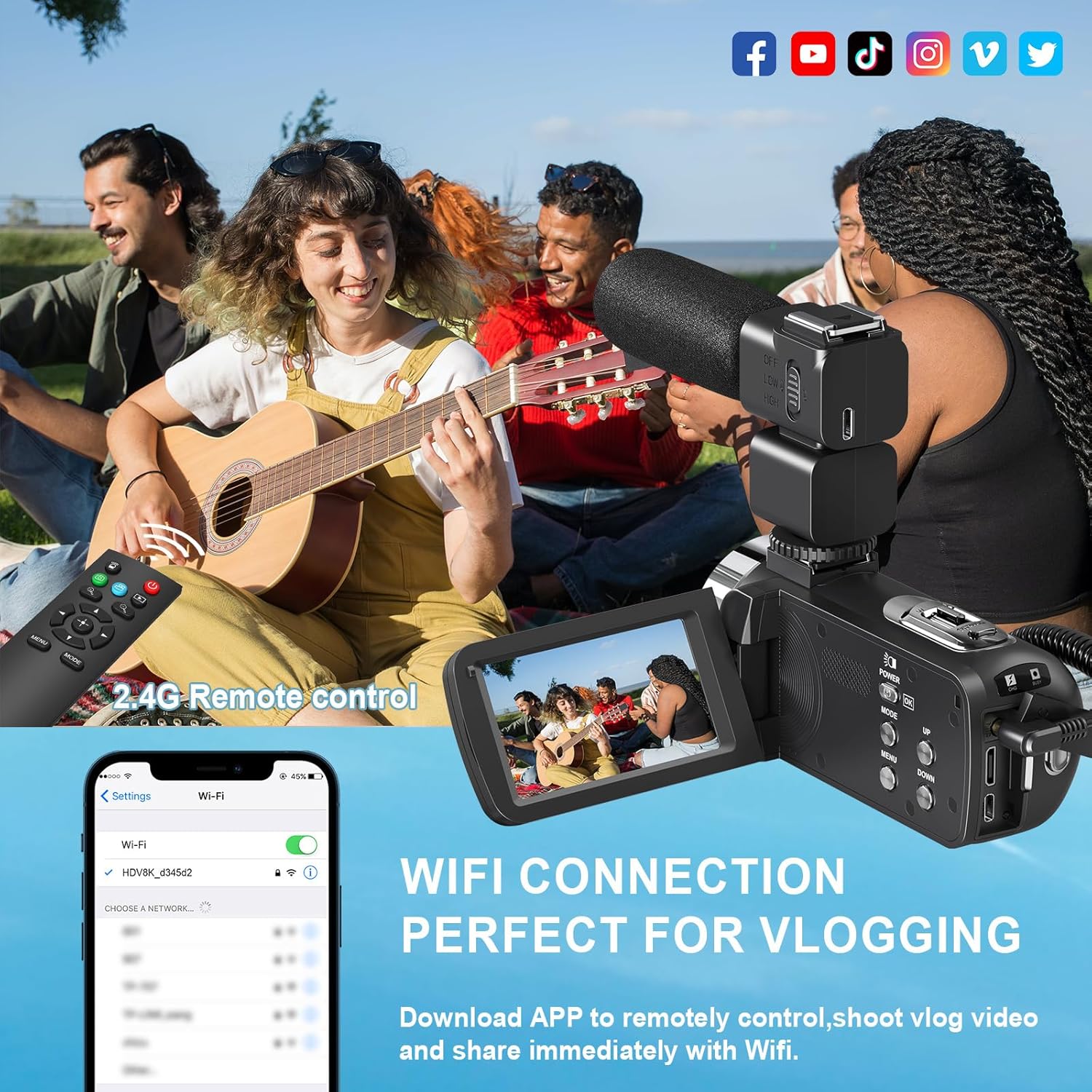 8K 64MP Camcorder Video Camera 18X Digital Zoom YouTube Vlogging Camera Webcam IR Night Vision WiFi 3.0”Touch Screen Camcorders with Microphone, 32G SD Card, Remote Control and 2 Batteries - Image 6