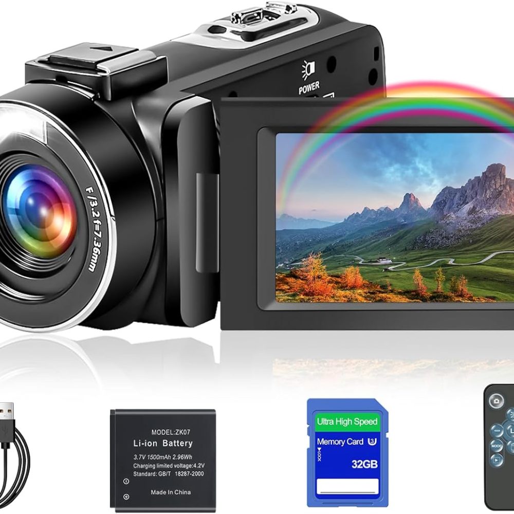 Video Camera Camcorder, Full HD 1080P Camcorder 48MP 16X Digital Video Camera for YouTube, 3.0 Inch IPS Screen Vlogging Camera Recorder with Remote Control, 32GB Card and Battery