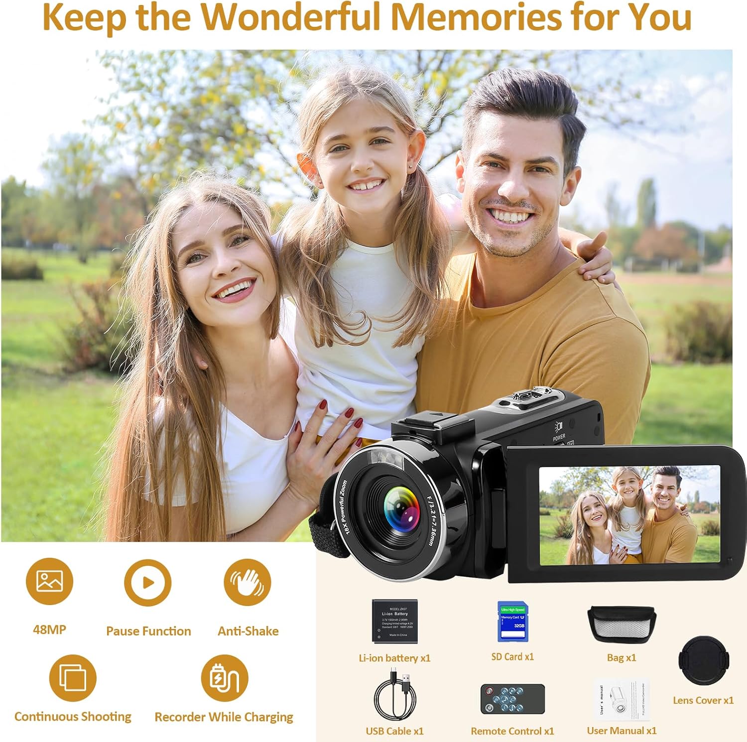 Video Camera Camcorder, Full HD 1080P Camcorder 48MP 16X Digital Video Camera for YouTube, 3.0 Inch IPS Screen Vlogging Camera Recorder with Remote Control, 32GB Card and Battery - Image 7