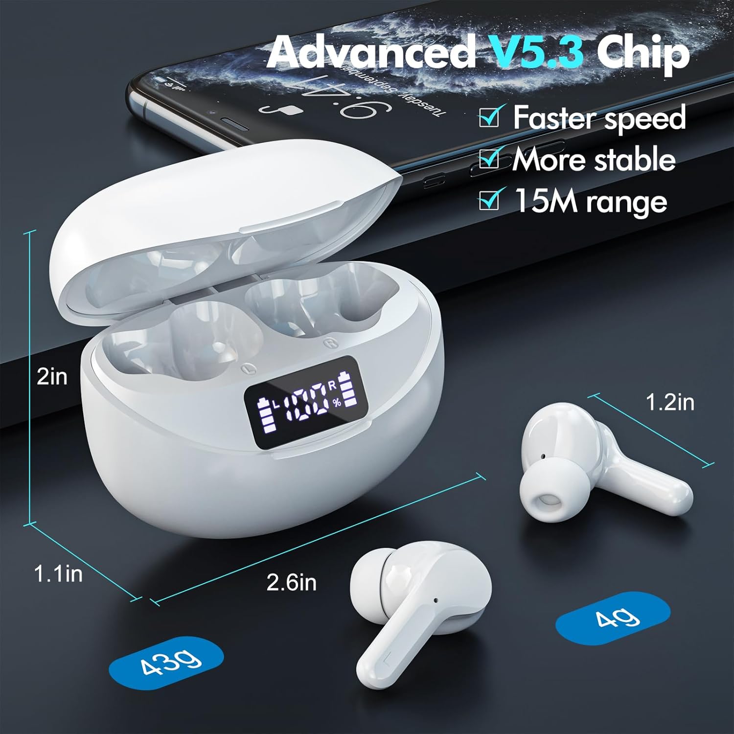 Wireless Earbuds Bluetooth Headphones 50H Playback Ear Buds with IPX7 Waterproof, HD Microphone, LED Display for iPhone and Andriod White - Image 2