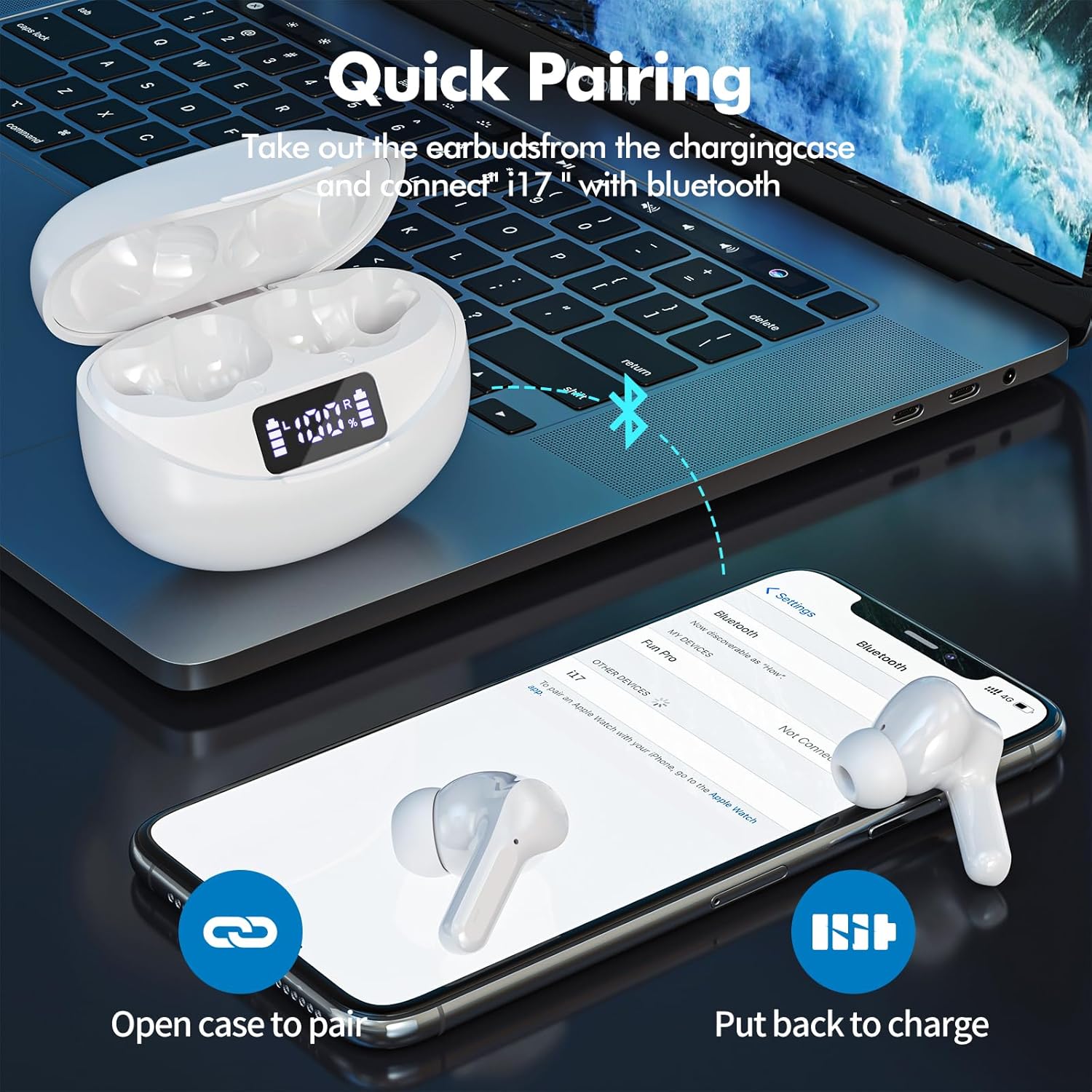 Wireless Earbuds Bluetooth Headphones 50H Playback Ear Buds with IPX7 Waterproof, HD Microphone, LED Display for iPhone and Andriod White - Image 5